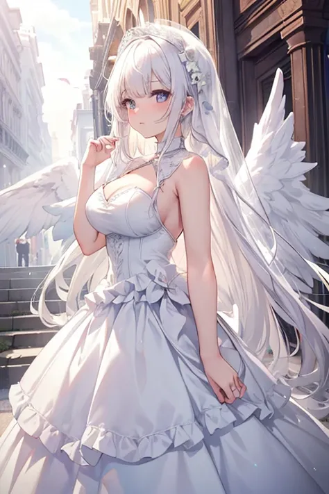 perseusorigin, whithe _dress, angel_wings, white_legwear, high detail, symmetrical, azur lane, masterpiece, best quality, 1girl, solo, white hair, long hair, looking at viewer, large breasts, same eye colour, wedding dress, outdoors, bridal veil, long dres...