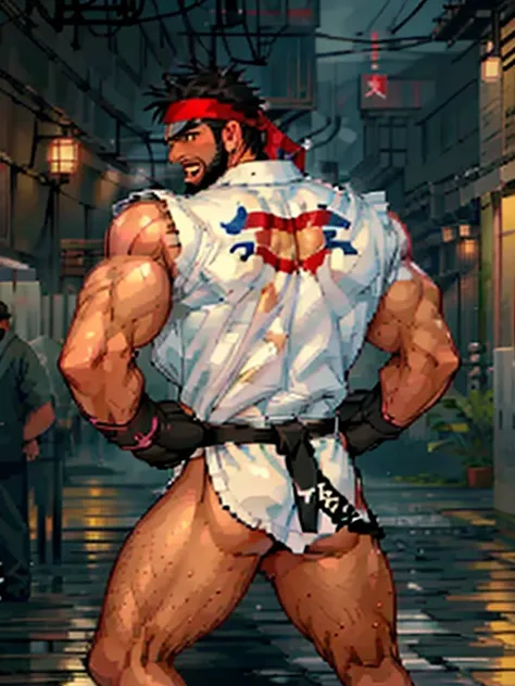 (masterpiece, highest quality:1.2), cowboy shot, back view, alone, male focus, 1 boy, Ryu (SF), Liar, middle aged, expression of agony, open your mouth,touch crotch, white skin, orgasm,Generalized convulsions, black hair, Blackbeard, detailed face、expensiv...