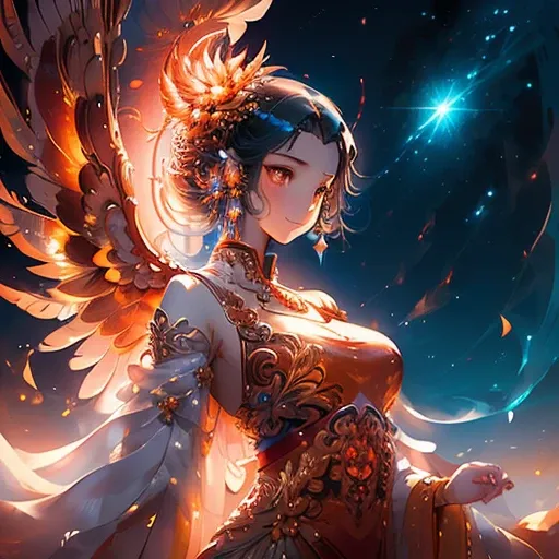 A glittering phoenix soars majestically across the vast and deep blue sky, its fiery plumes contrasting beautifully with the tranquil background. Behind the magnificent bird, a stunning young woman, aged 22, is depicted with full, ample breasts (size F). H...