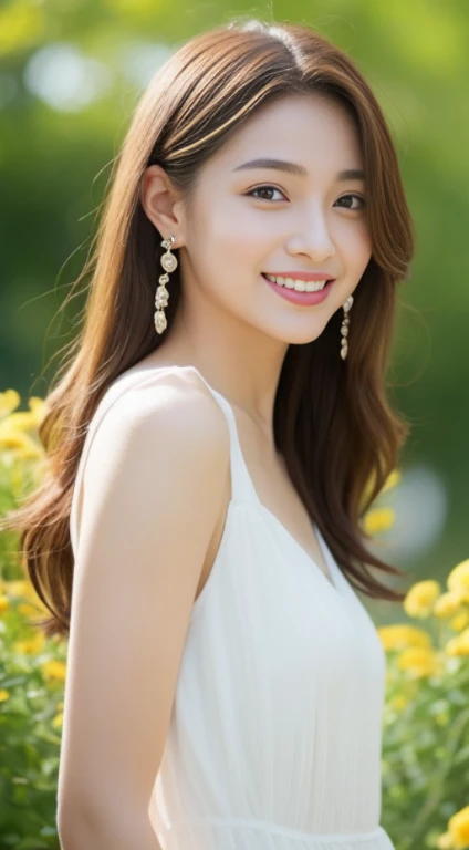 1 girl, hairpin, earrings, jewelry, brown hair, looking at the audience, lips, playful, Sit in front of the artboard, , thigh, whole body, In the sea of flowers or on the beach, She wore a long white dress, Slightly sideways, Hands stroke long hair, gentle...