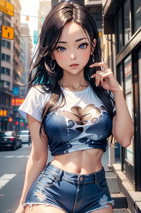 Nude female figure, revealing her flawless, glowing skin in a captivating display of beauty and sensuality (Shiny skin), gracefully posing against the backdrop of a modern city street (Detailed background), her long, wavy locks cascading down her shoulders...