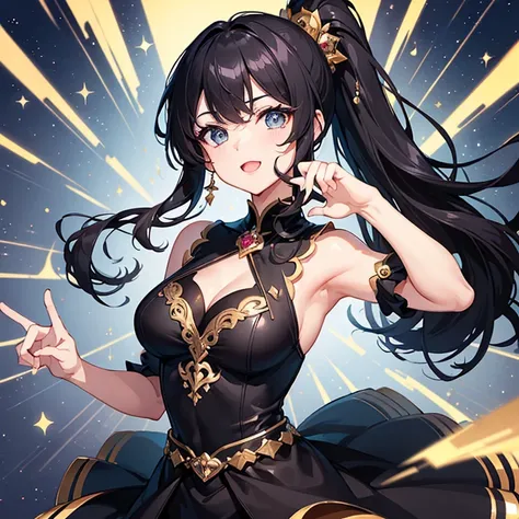 (masterpiece), (perfect hands), best quality, expressive eyes, perfect face, (one woman) with curly black hair in ponytail and bangs, wearing magical girl dress, magical pose, dynamic pose, fun pose, playful expression, headshot