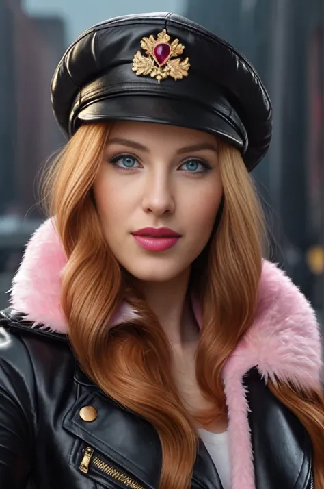 A close-up portrait of a gorgeous, beautiful, stunning russian woman wearing a classy outfit: a leather jacket with pink fur, a a white blouseand a newsboy cap. A redhead woman from Russia, delicate red lips, pastel pink skin tone, soft flawless pale skin,...