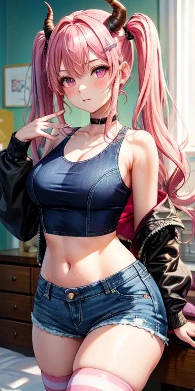 (masterpiece, best quality), 1girl, pink hair, crop top, denim shorts, bedroom, striped thighhighs, twin tails, long pig tails, oni horns, oni, detailed pink eyes, ombre pink eyes