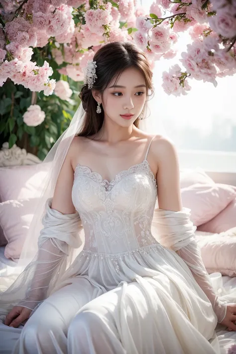 (best quality,high resolution,ultra-detailed),1 girl,asian girl,white wedding dress,(Between the petals),fantasy style,soft light,detailed,dreamy colors,elegant posture