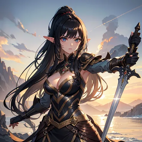 (masterpiece), (perfect hands), best quality, expressive eyes, perfect face, (one woman) with long curly black hair in ponytail and bangs, wearing elven armor, posing with sword, half body, dynamic pose