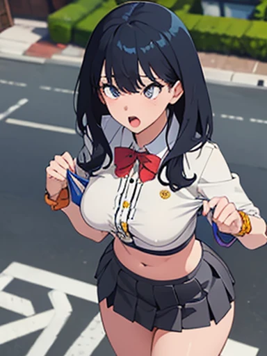 1girl, breasts, tight shirt, croptop, crop top, perfect quality, good quality, masterpiece, HDR, UHD,view from above, street, public, ahegao, short skirt, skirt lift, lifting skirt, rikka takarada