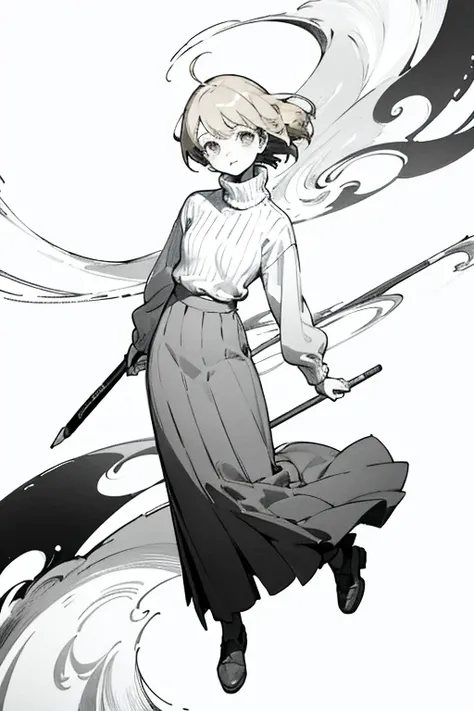 ((highest quality)), ((masterpiece)), (be familiar with), perfect face、girl、pencil、anime style、Flaxen Turtleneck Sweater、long skirt、whole body、draft、monochrome、Quiet
