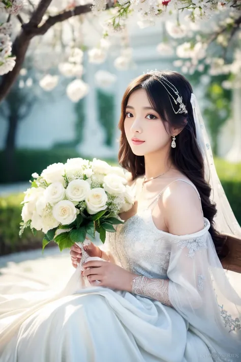 (best quality,High resolution,ultra-detailed),1 girl,asian girl,White wedding dress,(Between the petals),fantasy style,soft light,detailed,dreamy colors,elegant posture