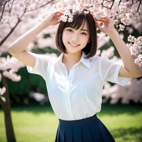 A cherry blossom tree in full bloom, petals dancing in the wind, and the eyes of a beautiful Japanese teenage girl dancing with a smile wearing a white blouse and dark blue skirt, the  designated by her Japanese high school. Focal length 100mmf/2.8, spring...