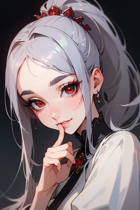 (highest quality, masterpiece:1.2), High resolution, Super detailed, realistic:1.37, fantasy, An illustration,gray hair、 red eyes、Queen, white dress.platinum decoration、beautifully、Eyeshadow Red、dark eyebrows、long eyelashes、pupils are black、shiny on the li...