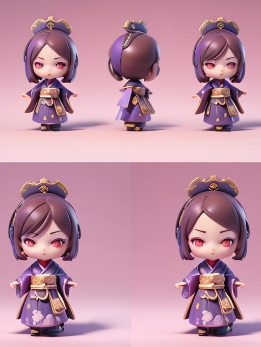 (Blind box toy style:1.2), (Full body shot) , 1 Plastic cute Japanese geisha ,Purple kimono, solo，(circular base）， Japanese geisha style, dreamy glow, Dirty, Brown undertone, Battle damage style( Global illumination, Ray traching, hdr, unreal render,reason...