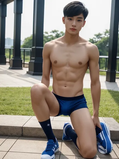 16 years old teenagers , very young , light-skin , wearing an dark blue sexy underwear, tmasterpiece，k hd，the feet ，black long socks，The barefoot , blue colour , handsome and cute , extreme cute boy , white skin , dark blue underwear boxers shorts , extrem...