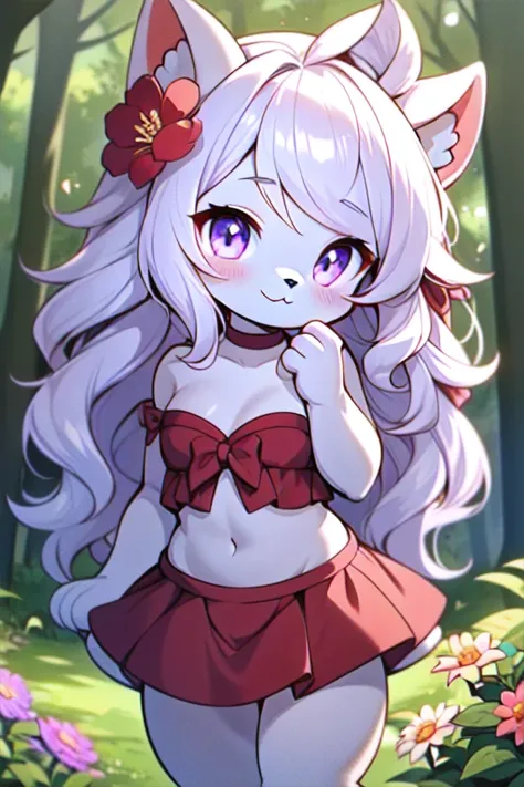 furry,cute girl,chibi,cat ears,black hair, red dress,sleveless,strapless,midriff,white skin,purple eyes, in forest,looking at viewer,smile,closed mouth,flowers,slightly above,