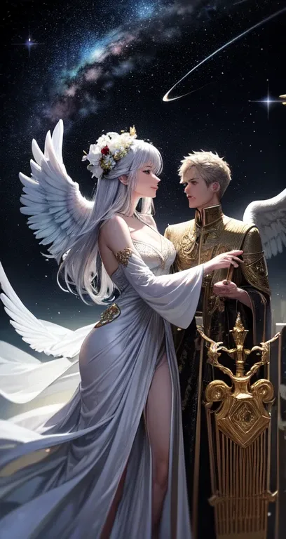 Angel with a 30 year old woman wearing long descent in veo, Angel&#39;s wing, null, trumpet, Archangel, music, cloud, chariot of fire, long dress, Super detailed, milky way, universe, surrealist, amazing details, Money, white man&#39;s wealth.