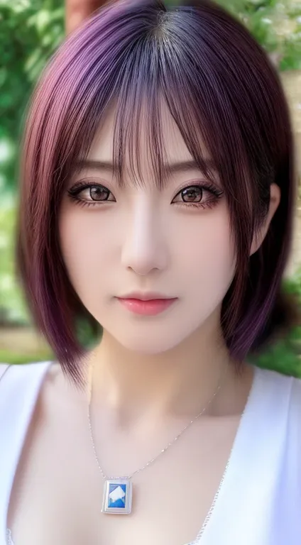 real image、8K, Xiaonan、(double eyelid)、((big breasts)), (cleavage), clavicle,((Tsun Costume)), (White square neck shirt), (紺colorのショートパンツ)、(tsun necklace), young woman、Purple shorthair、attractive appearance, looking at the viewer, konoha village, outdoor, ...