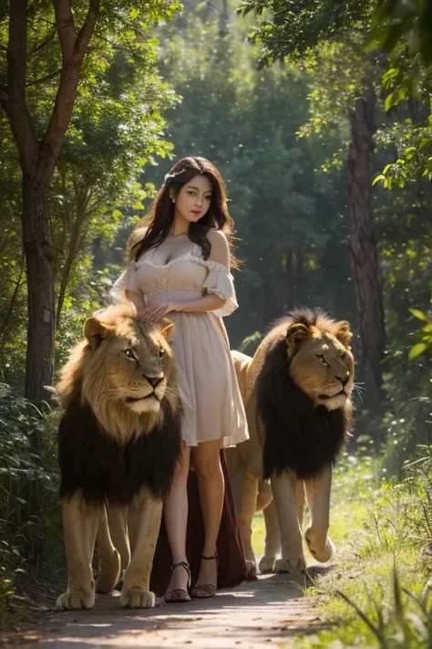 Two lions surrounding a beautiful woman，in the forest，Western style