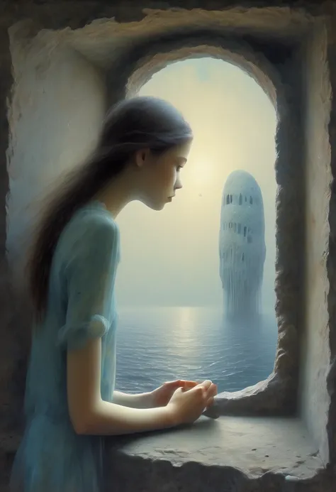 The scenery outside the window，Looking out from the window，Girl looking into the distance at the window，The Faceless Stone Woman on the Bridge，Handheld Light，Background with jellyfish, With the sky as a background, Brome&#39;s Art, Magic  artwork, super fi...