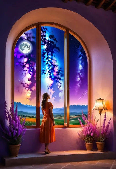  Windows in Roman architectural style，Girl standing by the window，The scenery outside the window，Looking out from the window，vast landscape photos, (A view of the sky and the wilderness below), Standing in the flower field and looking up, (full moon: 1.2),...