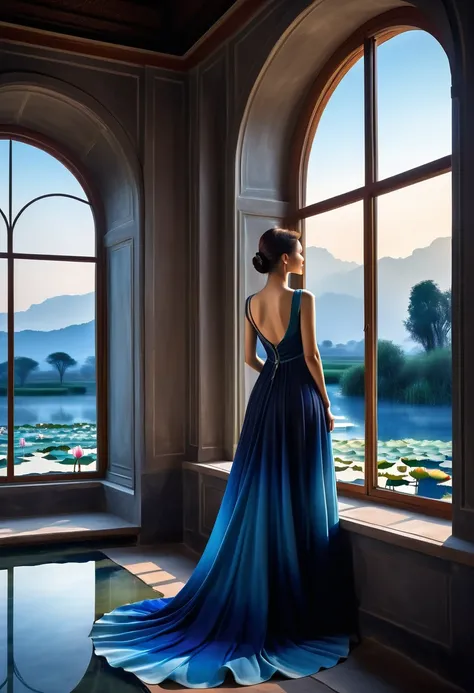 beautiful dark room，There is a big window,  The scenery outside the window，(Looking out from the window:1.5)，Roman style windows，An elegant woman wearing a blue gradient dress standing by the window.  A large lotus pond outside the window, creating a surre...