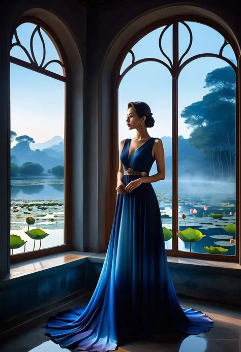 beautiful dark room，There is a big window,  The scenery outside the window，(Looking out from the window:1.5)，Roman style windows，An elegant woman wearing a blue gradient dress standing by the window.  A large lotus pond outside the window, creating a surre...