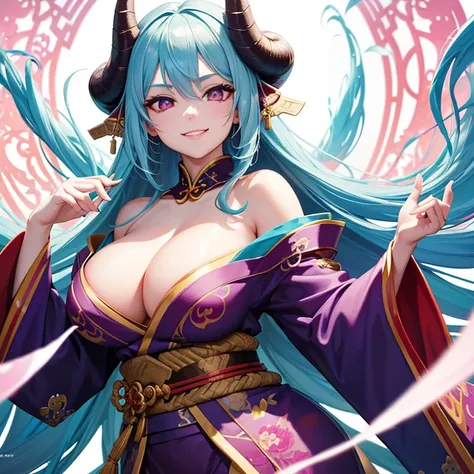 vibrant colors, dragon girl, masterpiece, sharp focus, best quality, depth of field, cinematic lighting, white background, smile, blue hair, pink eyes, long hair, very long hair, horns, forehead, large breasts, mature lady, kimono,