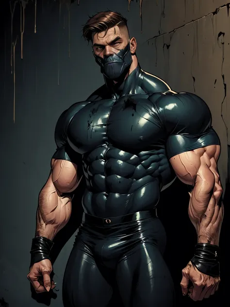 1man, buff, muscle body, black suit, standing, hand punch, (basemend wall background, dirty, dark, creepy:1.2), best quality, masterpiece, comic style, cartoon source