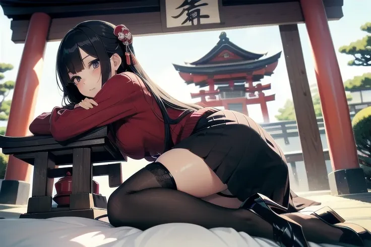 1girl, anime, black eyes, long black hair with square bangs, very long black hair, super long black hair, skirt and stockings, (((stockings))), heels, black Japanese style kimono mixed with ribbed black sweater with red accents and sakura floral design, ((...