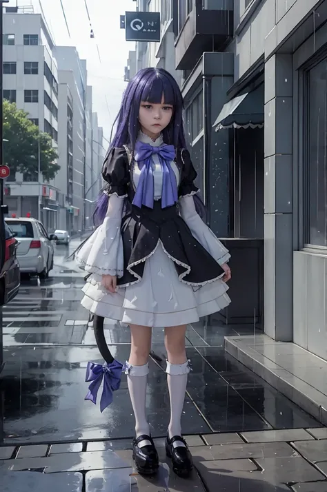 (masterpiece),best quality, frederica bernkastel,dress,  tail bow, cat tail, bowtie, purple eyes, purple hair,mary janes,  socks,  blank eyes, empty eyes,  (raining day:1.2), cloud, street, sidewalk, wet clothes, photorealistic, 16k photography, 