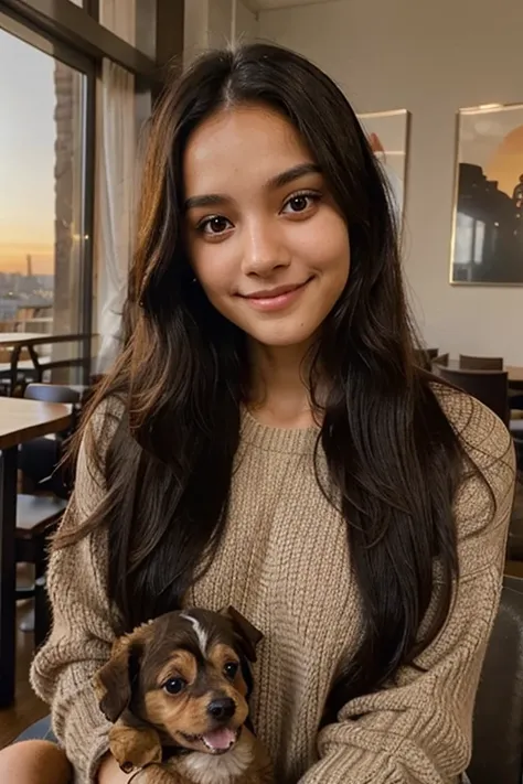 Cute black long straight hair brown eyes round face girl wearing brown sweater sitting in café drinking coffee, sunset, toothy smile without bangs, holding a poodle puppy in her arms