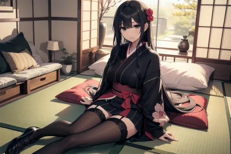 1girl, anime, black eyes, long black hair with square bangs, very long black hair, super long black hair, skirt and stockings, (((stockings))), heels, black Japanese style kimono mixed with ribbed black sweater with red accents and sakura floral design, ((...