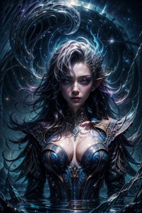 full length closeup portrait of complex detailed fractal aurora, forming a hyper-detailed ghostly vision of a beautiful succubus in the sky, busty, reflection in water, Ripples on the water, dark mountains on the horizon, backlight, Starry night sky backgr...