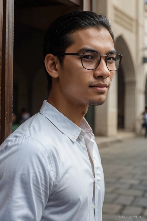 (8K, RAW photo, photorealistic:1.2), photo of a 18 year old, Indonesian young man, muscular, white skin, oval face, slick back short hairstyle, wearing clear rectangle browline glasses, wearing a black peci, the man wearing a red Moslem shirt with  Complic...