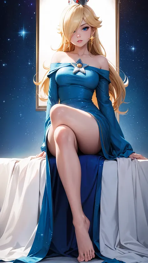 (masterpiece), best quality, expressive eyes, perfect face, highres, 1 girl, solo, rosalina, blonde hair, blue eyes, hair over one eye, long hair, blue dress, crown, dress, earrings, jewelry, princess, robe, bare shoulders, barefoot, star earrings, space, ...