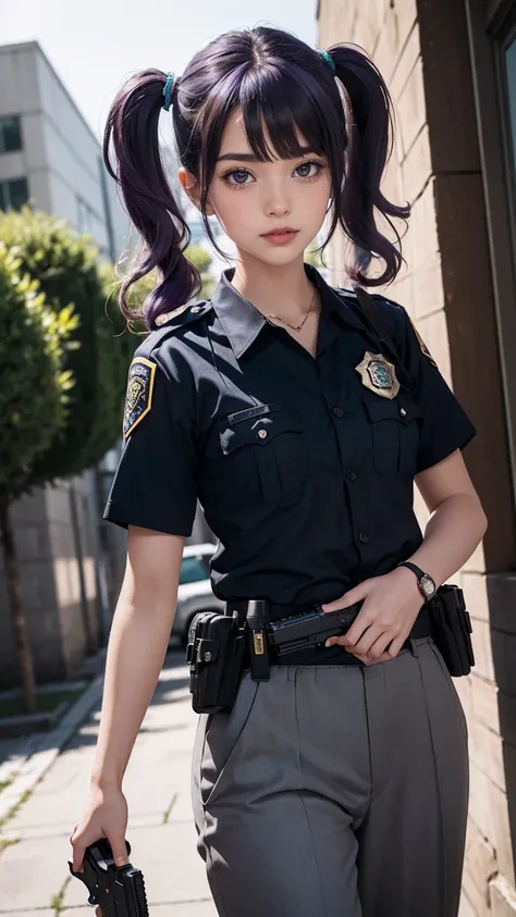 ((masterpiece)), ((highest quality)), ((High resolution)), 1 girl, alone, police officer, (matching pants, slacks), urban background, (Aim with a pistol, detailed pistol, glock 22, trigger discipline), Are standing, medium hair, (purple hair, twin tails), ...