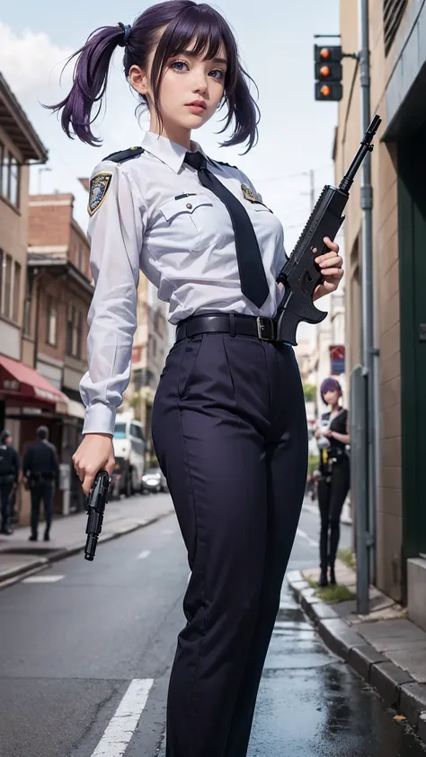 ((masterpiece)), ((highest quality)), ((High resolution)), 1 girl, alone, police officer, (matching pants, slacks), urban background, (Aim with a pistol, detailed pistol, glock 22, trigger discipline), Are standing, medium hair, (purple hair, twin tails), ...