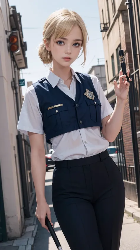 ((masterpiece)), ((highest quality)), ((High resolution)), 1 girl, alone, police officer, (matching pants, slacks), urban background, Have a baton、Wear a tactics vest、Are standing, put your hands on your hipedium hair, (platinum blonde, Side-swept chignon)...