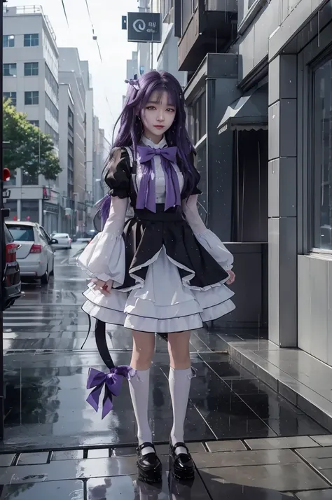 (masterpiece),best quality, frederica bernkastel,dress,  tail bow, cat tail, bowtie, purple eyes, purple hair,mary janes,  socks,  blank eyes, empty eyes,  (raining day:1.2), cloud, street, sidewalk, wet clothes, photorealistic, 16k photography, detailed f...