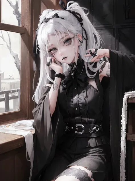 Masterpiece, best quality, high quality, ultra detailed, 1girl, looking at viewer, white hair, gray eyes, black lipstick, black shirt, sitting on a white floor, demon girl, gothcore, 1 7 - year - old, goth girl, japanese gothic, gothic punk style, black me...