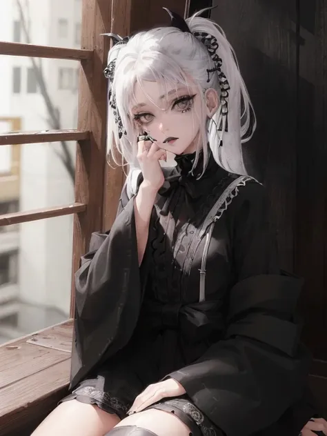 masterpiece, best quality, high quality, ultra detailed, 1girl, looking at viewer, white hair, gray eyes, black lipstick, black ...