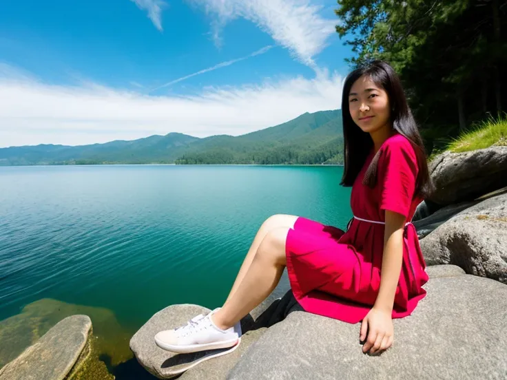 (An 18-year-old Japanese girl faces the lake .best quality、masterpiece、ultra high resolution、(Photo realism:1.4)、original photo)(shadow、octane rendering、8K、Super sharp. realistic light)、A beautiful Japanese girl in a red long dress, Sits on a rock high abo...