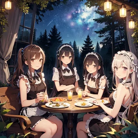 A group of maids, (in forest), various hair styles, harem, wearing maid uniform, night, details face, , short skirt, seducing, sleeveless , night, starry night 