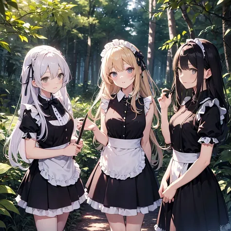 A group of maids, (in forest), various hair styles, harem, wearing maid uniform, night, details face, , short skirt, seducing, sleeveless , night, starry night 