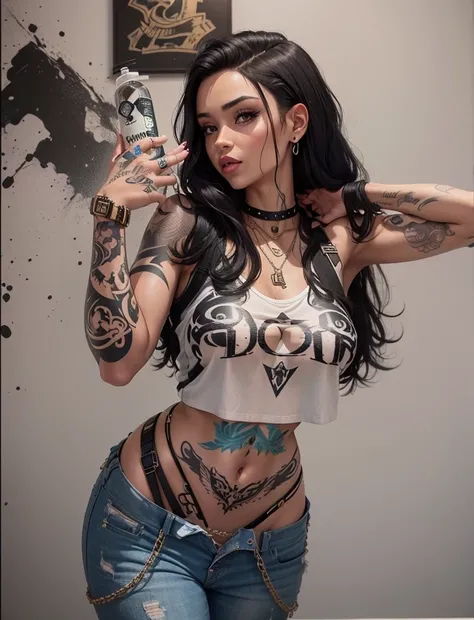 Beautiful gurl , tattooed , black wavey  hair, crop top , slim fit body 