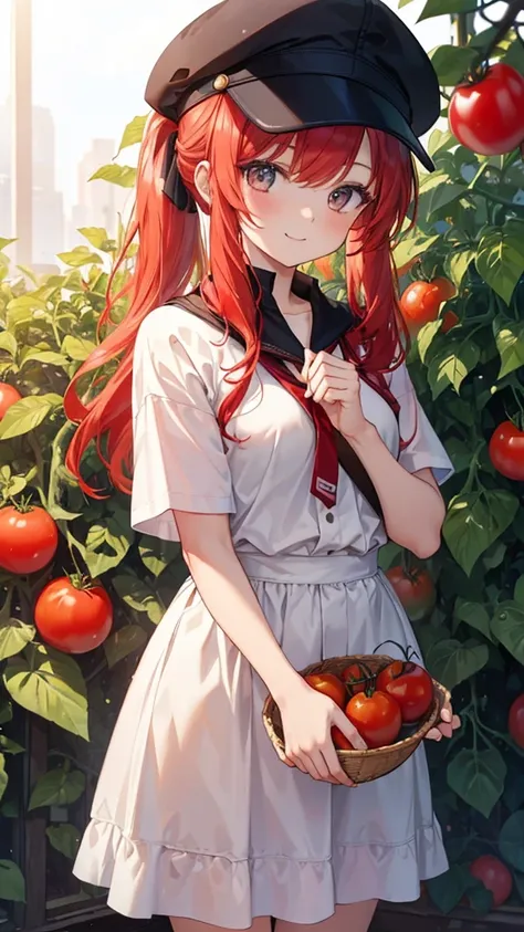 (masterpiece, best quality),A girl with red hair and a high ponytail stands in an orchard full of tomatoes, She holds a tomato in her hand, warm light, Beige sportswear, smile, peaked cap