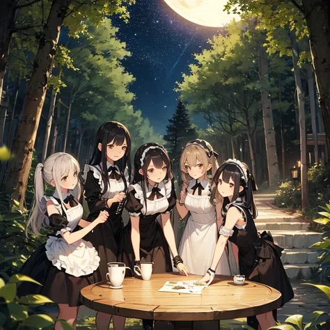 A group of maids, (in forest), various hair styles, harem, wearing maid uniform, night, details face, , short skirt, seducing, sleeveless , night, starry night 