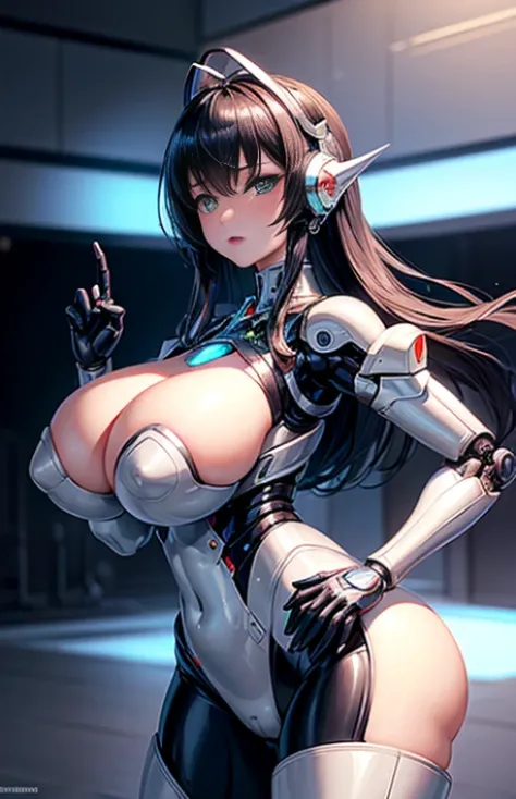 ((highest quality)), ((masterpiece)), (cinematic aesthetic:1.4) big breastsロボット、The robot woman is a Japanese woman in her 40s..、Silver metallic robot body、Three Robots、glamorous robot body、Large Metal Robot Chest、big breasts、nipple、areola、black hair、anten...