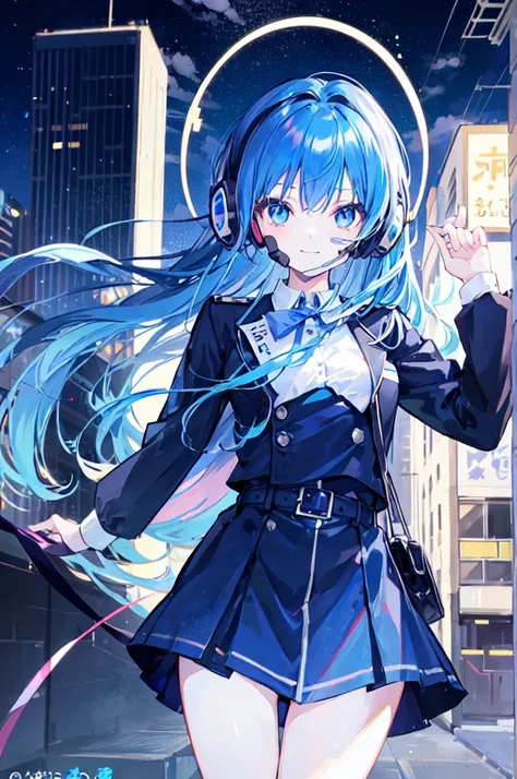 best image quality), 1 girl, uniform, 2 2D, anime, night, city, masterpiece, headphone, 緑色のeye, blue hair, beautiful eye, rich expressive power, big smile, close ~ eye, long hair