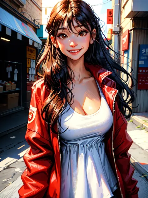 1girl, solo, long hair, breasts, looking at viewer, smile, large breasts, shirt, black hair, cleavage, hair between eyes, brown eyes, collarbone, jacket, white shirt, upper body, speech bubble, red jacket