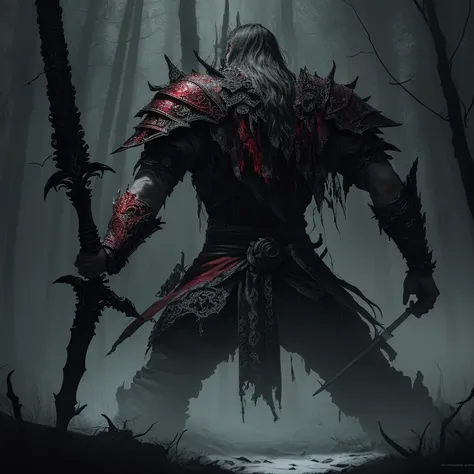 In the heart of a dark and gloomy forest, an intense and bloody action scene unfolds. A man, clad in intricately detailed armor, is being struck from behind by a towering figure wielding a gleaming sword. The mans expression is one of pain and surprise, hi...